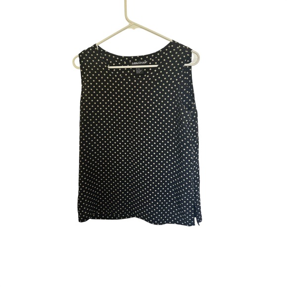 Savannah Tops - Savannah Silk Polka Dot Sleeveless Blouse Black Tan Scoop Neck Top Womens M